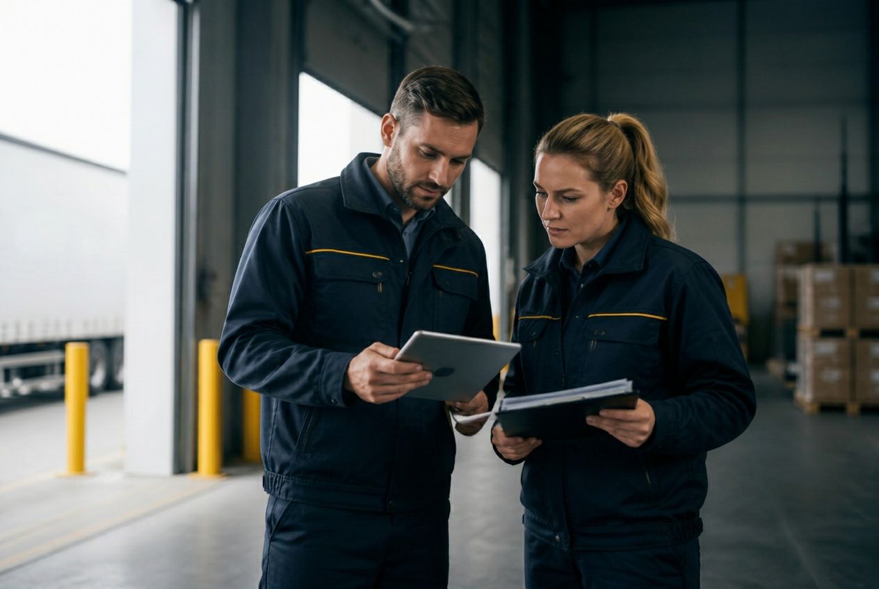 Consultores ABALOG revisando operação logística em tablet